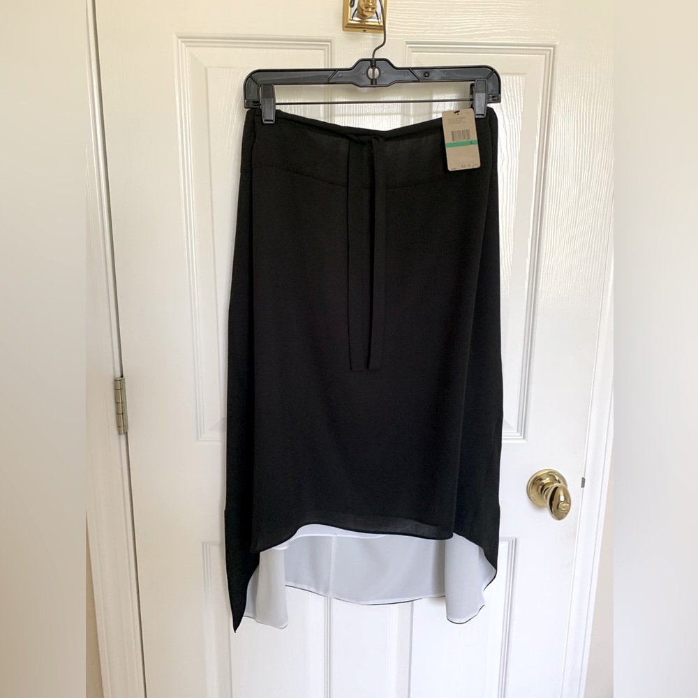 NWT DKNY Pure Midi Skirt: Black, White Lining, High-Low Uneven Hem Lightweight L
